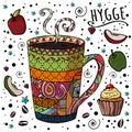 Coffee, tea and sweets. Zen, tangle and doodles. Kitchens of the world. Sweet table. Comfort at home. Cozy. - Vector Royalty Free Stock Photo