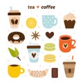 Coffee and tea collection. Coffee shop icons. Macaroons, chocolate, cake, lemon, croissant, cinnamon, donut