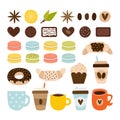 Coffee and tea collection. Coffee-shop icons. Set of tea symbols, objects and elements. Macaroons, chocolate, croissant, donut