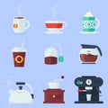 Coffee, tea, cup and devices flat icons set Royalty Free Stock Photo
