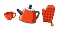 Coffee or tea cup, kettle and textile handle mitten for hot drink preparation isolated set Royalty Free Stock Photo