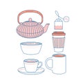 Coffee and tea cup  mug and kettle collection. Flat graphic. Royalty Free Stock Photo