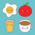 Coffee tea cup, orange juice glass, fried egg, apple fruit. Breakfast healthy food icon set. Cute cartoon kawaii characters. Royalty Free Stock Photo