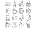 Coffee, Tea cup and Teacup icons. Candy, Wine bottle and Mint leaves signs. Coffeepot, Tea and Frappe symbols. Vector