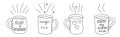 Coffee and tea cups set, traditional beverages. Mugs of invigorating morning hot drinks. Doodle hand-drawn sketch style. Editable Royalty Free Stock Photo