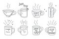 Coffee and tea cups set, traditional beverages. Mugs of invigorating morning hot drinks. Doodle hand-drawn sketch style. Editable Royalty Free Stock Photo