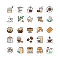 Coffee and tea drinks linear icons set. Takeaway cup, tea leaves, espresso machine and roasted coffee beans thin line