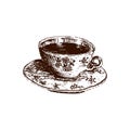 Coffee and tea. Graphic hand drawn cups vector sketch illustration. side view. Retro style. Royalty Free Stock Photo