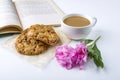 Coffee or tea with milk and oat cookies. Reading old book and snack in spring, summer day in garden. Romantic vintage still life Royalty Free Stock Photo