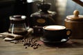 Coffee and tea on the table with selective focus on cappucino cup and beans