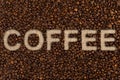 Coffee text on roasted beans and jute bag or sack