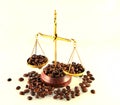 Coffee theme with brass scales still life on white background Royalty Free Stock Photo