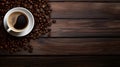 Coffee Time Ambiance: Top View of Cup and Beans on Weathered Kitchen Table, Space for Your Text Royalty Free Stock Photo