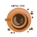 Coffee time banner. A Cup of hot drink withÂ Roasted Coffee beans and lettering. Royalty Free Stock Photo