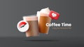 Coffee time banner with 3d render capuccino and latte with foam cream in glass mugs with timer and like icons