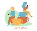 Coffee Time Banner Woman Drink Sitting on Pile Cup