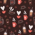 Coffee time, cafe, hot drinks dessert expresso and cappuccino seamless pattern cartoon vector illustration.