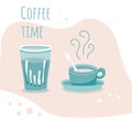 Coffee time collection in hand drawn style, cup with hot drink, glass of water and wording isolated on background for banners, Royalty Free Stock Photo