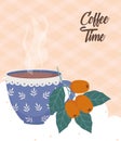 Coffee time, cup branch and seeds fresh aroma beverage