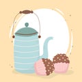 Coffee time, delicious cupcakes kettle fresh aroma beverage