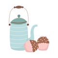 Coffee time, delicious cupcakes kettle fresh aroma beverage