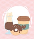 Coffee time, disposable takeaway cup mocha cup and donut fresh beverage Royalty Free Stock Photo