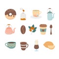 Coffee time, donut tea bag teapot coffee cup spoon lemon fresh beverage icons Royalty Free Stock Photo