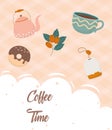 Coffee time, donut teapot coffee cup tea bag fresh beverage Royalty Free Stock Photo