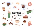 Coffee time doodles vector set. Cute beverages and sweet food elements. Simple hand drawn illustrations. Different