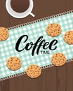 Coffee time greeting card. Typography hand drawn lettering poster with wooden table background with food and drink - Royalty Free Stock Photo