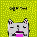 Coffee time hand drawn vector illustration in cartoon comic style cat smelling hot drink Royalty Free Stock Photo