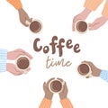 Coffee time. Hands holding cups of coffee. Top view. Coffee break concept Royalty Free Stock Photo