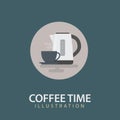 Coffee Time Icon Illustration. White Kettle and Black Cup of Coffee Royalty Free Stock Photo