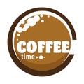 Coffee time logo for cafe with cup of caffeinated beverage top view