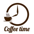 Coffee time logo vector design for cafe, shop or store. Emblem with brown cup, clock arrows and inscription over white background. Royalty Free Stock Photo