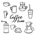 Coffee time poster concept. Coffee party card design. Hand drawn doodle illustrations, cups and sweets Royalty Free Stock Photo