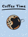 Coffee time poster with cup of black coffee. Hand drawn cartoon style postcard