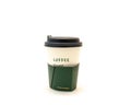 Coffee time refined text on green corrugated hot cup sleeves jackets holder kraft paper of white hot coffee cup with black lid Royalty Free Stock Photo