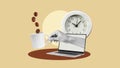 Coffee Time and Remote Work Morning Energy Collage - Creative Coffee Break Concept with Laptop and Clock Collage Royalty Free Stock Photo