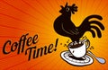 Coffee Time! Rooster springing from coffee cup