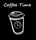 Coffee time scetch white cup with clocks on black vector illustration.