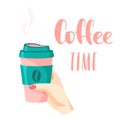 Coffee time sign, coffee cup in female hand, coffee lovers concept, vector illustration and lettering Royalty Free Stock Photo