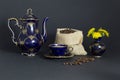 Coffee time still life with beautiful cobalt blue vintage porcelain set