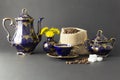 Coffee time still life with beautiful cobalt blue vintage porcelain set