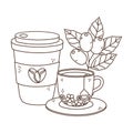 Coffee time, takeaway cups tea seeds branch fresh aroma beverage linear design