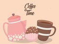 Coffee time, tasty cupcake cup and kettle fresh aroma beverage