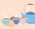 Coffee time and tea, blue kettle cups and sweet cupcake dessert