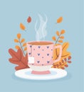 Coffee time and tea, cup tea bag on dish leaves season Royalty Free Stock Photo