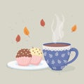 Coffee time and tea cup with hot liquid and sweet cupcakes