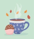 Coffee time and tea, coffee cup and sweet cupcake leaves